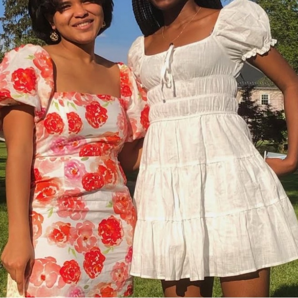 White Smocked Tiered Mini Dress with Puff Sleeves
